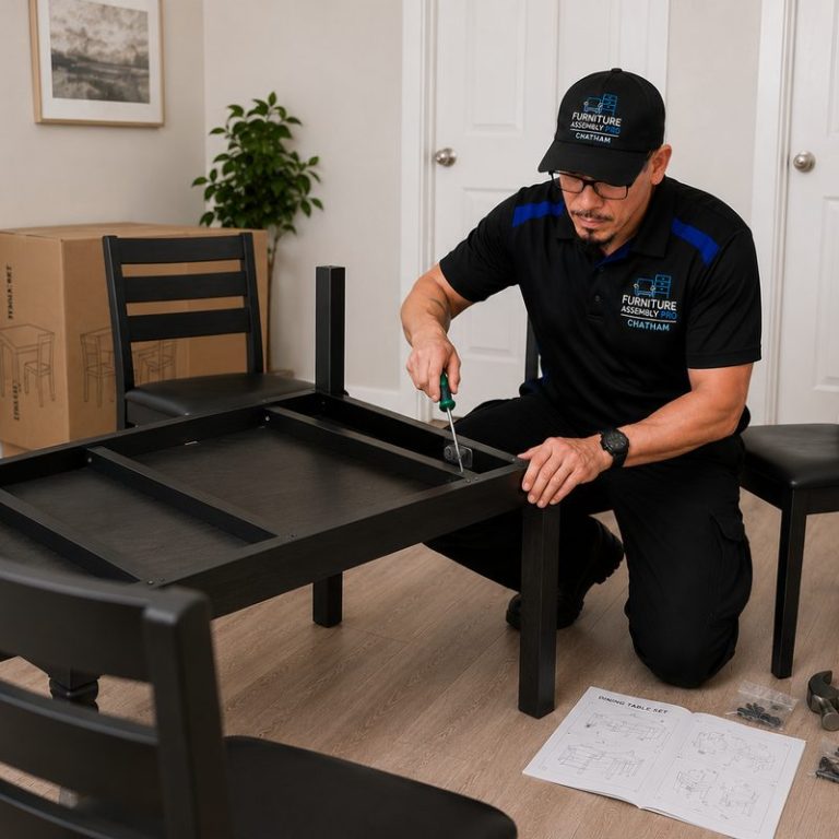 Stephen Pantin assembling a dining table in Chatham, Ontario