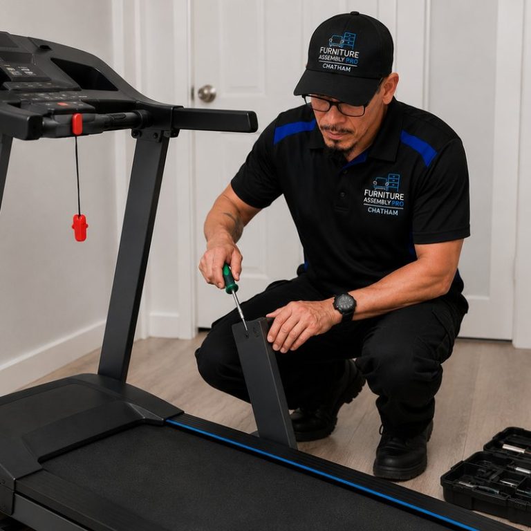 Stephen Pantin assembling a treadmill in a Chatham home