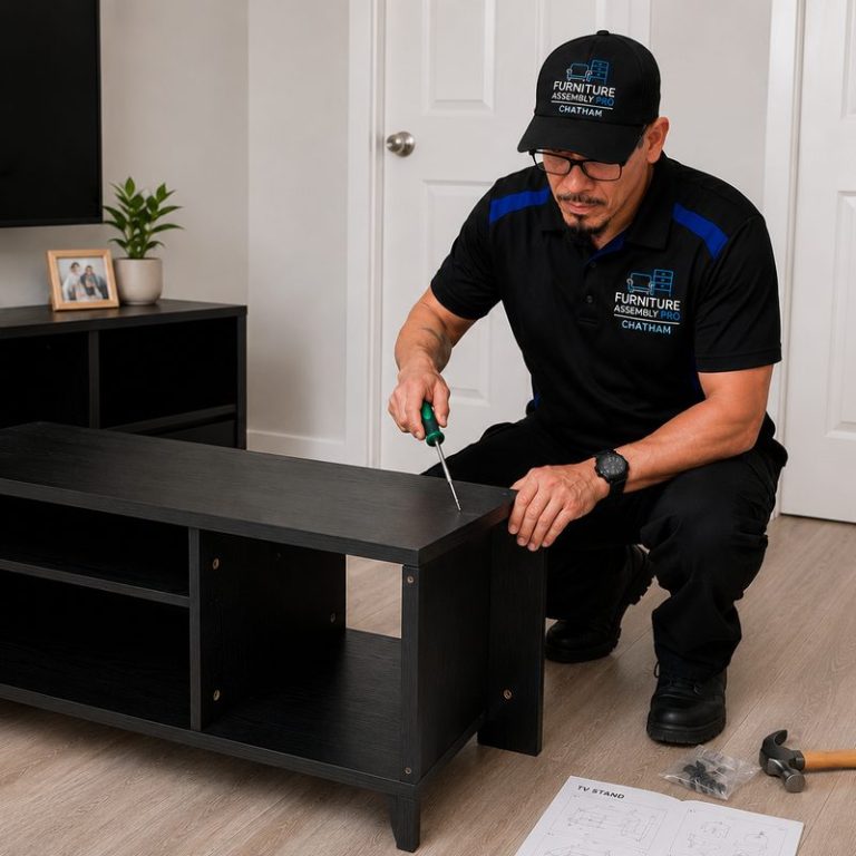 Stephen Pantin assembling a TV stand in a Chatham, Ontario home